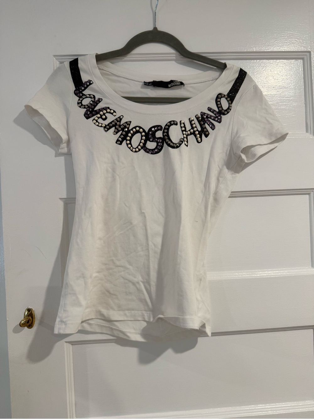 Love Moschino White Logo Embellished Short Sleeve Tee